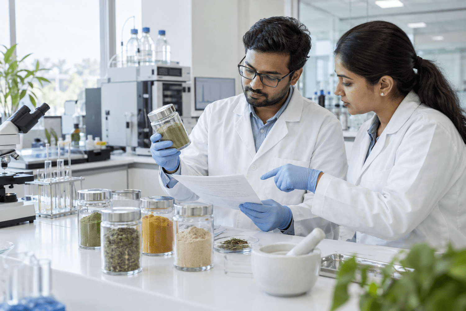 Indian nutraceutical professionals reviewing botanical ingredient samples and specifications
