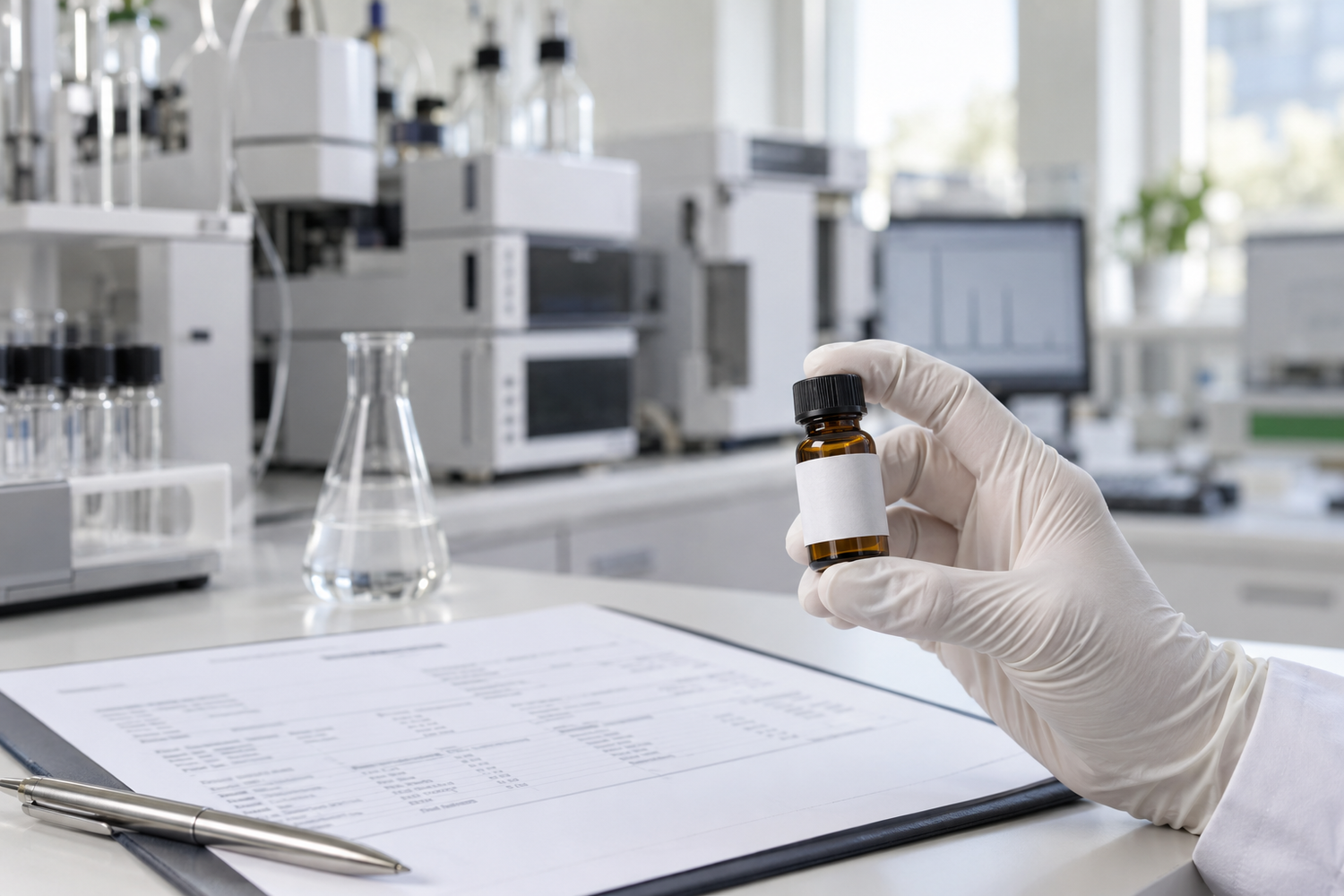A pharmaceutical raw-material sample being reviewed with technical documentation in an analytical laboratory