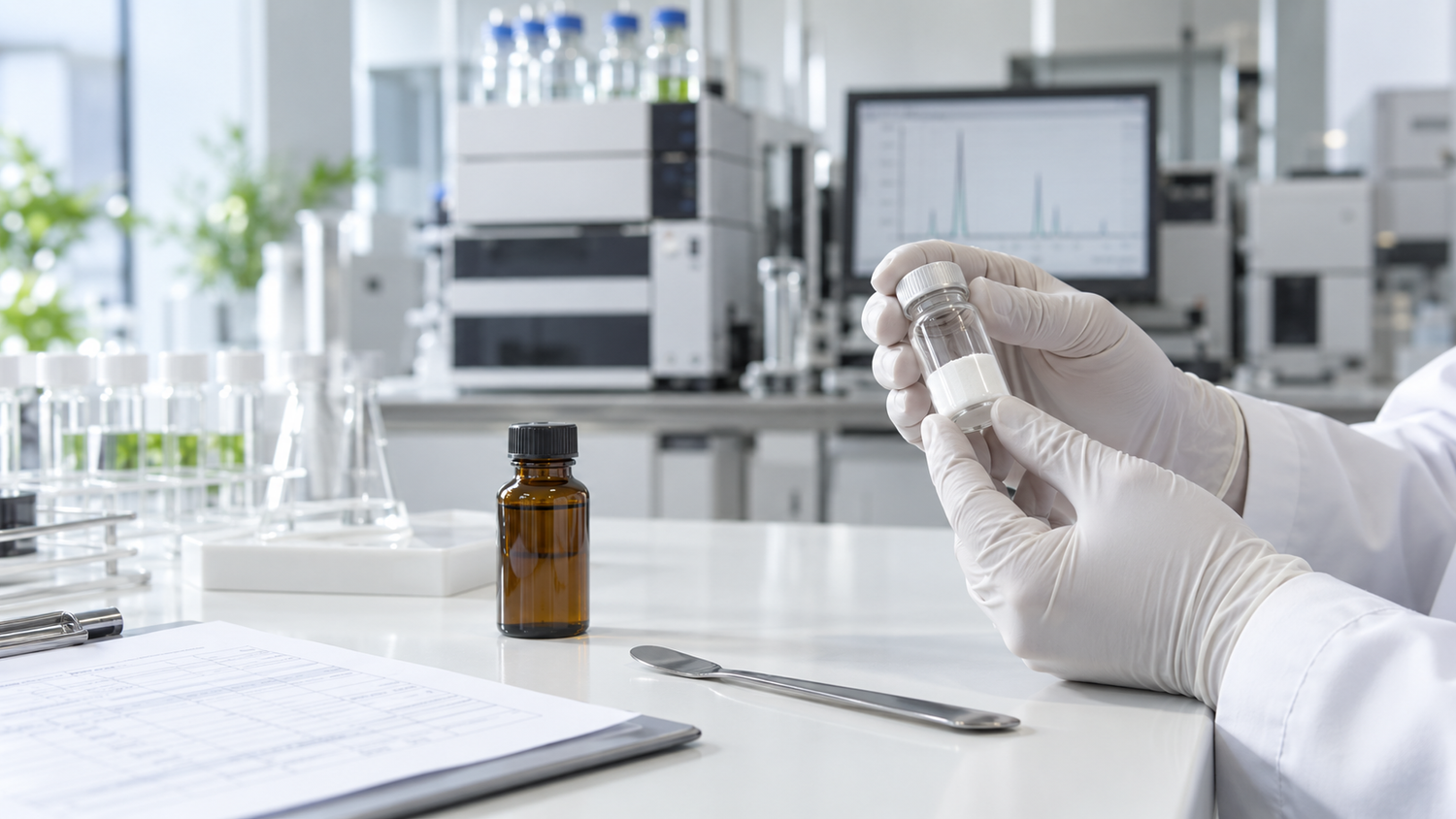 Pharmaceutical ingredient sample being inspected in a modern quality-control laboratory