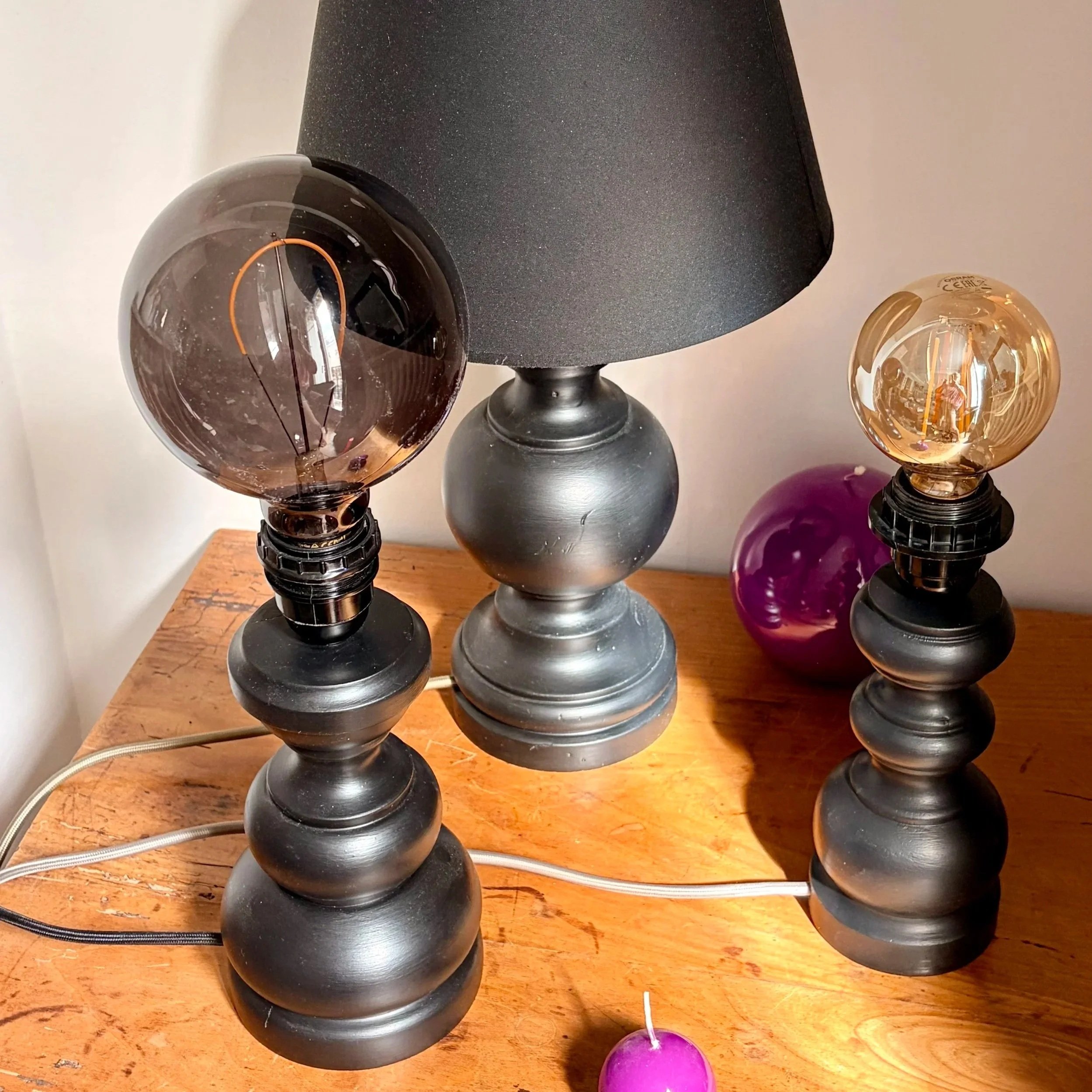 lot de 3 pieds de lampe en bois tourné