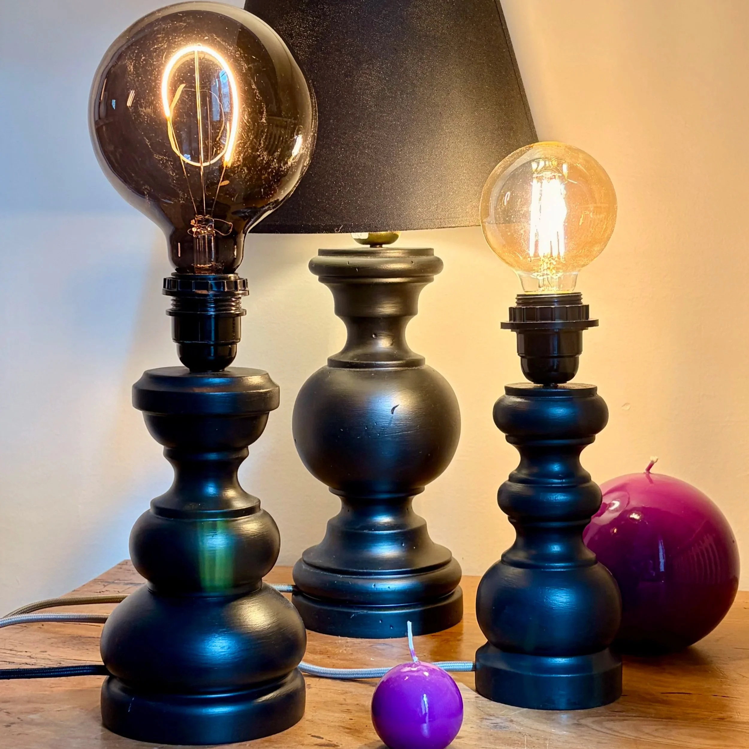 lot de 3 pieds de lampe en bois tourné