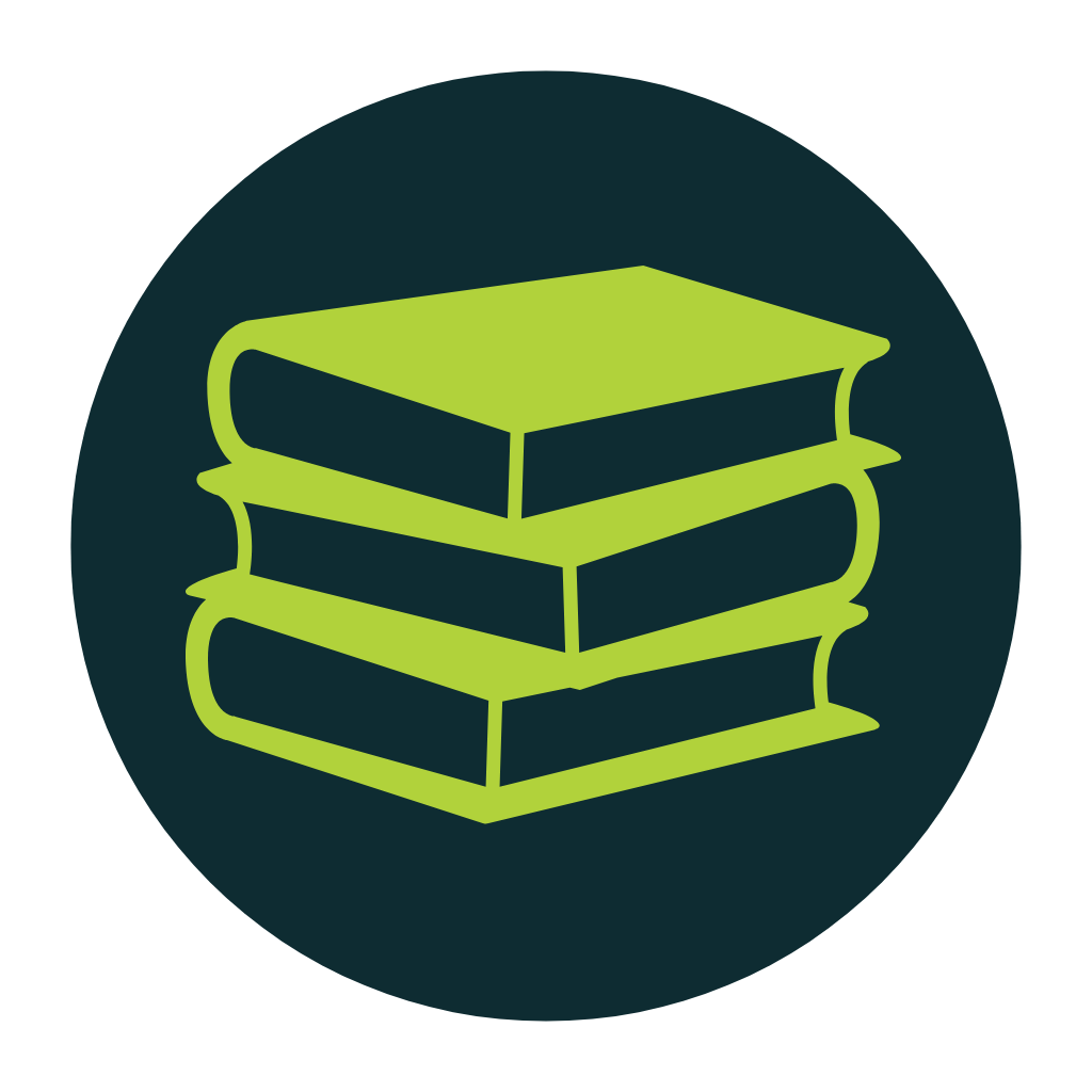 Icon of a stack of four books outlined in green on a dark circular background.
