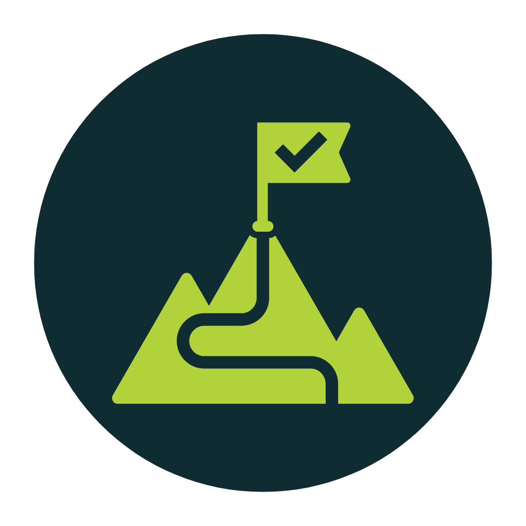 An illustrated mountain with a winding path leading to the top, where a flag with a checkmark is planted.