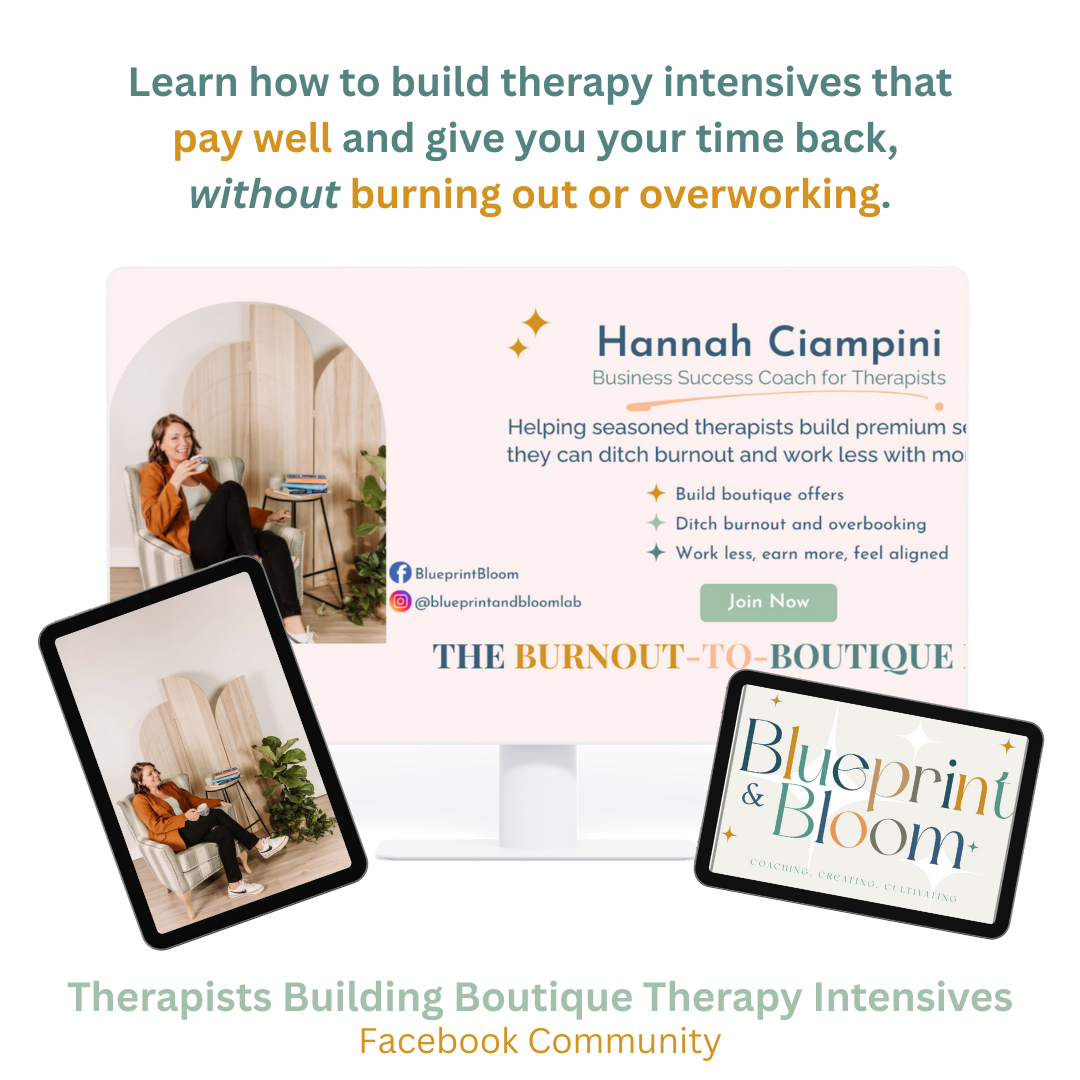 Digital advertisement for therapy intensives by Hannah Campini, Business Success Coach for Therapists, with a photo of a smiling woman sitting on a chair drinking coffee, copy promoting burnout and overbooked work relief, featuring Facebook and Instagram icons, and branding for Blueprint & Bloom.