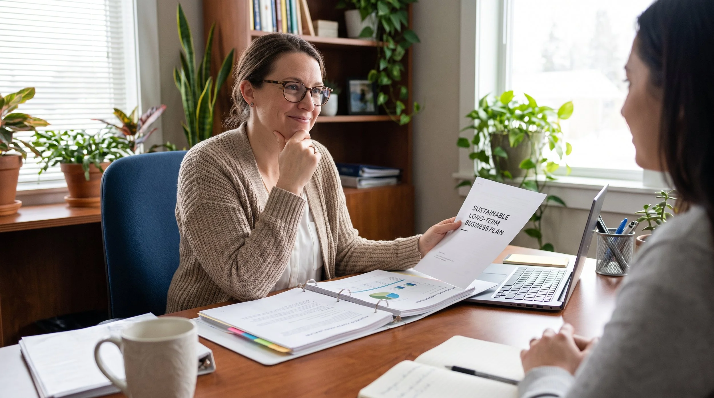 Therapist reviewing business plan