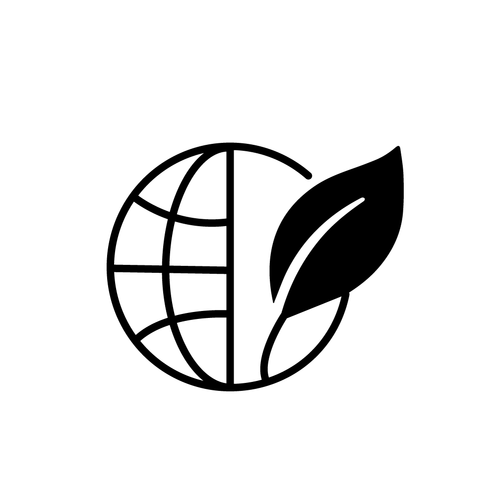 An icon of a globe with latitude and longitude lines, partially overlaid by a leaf.