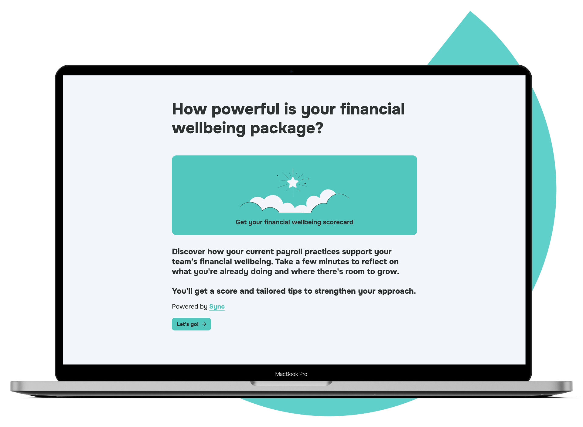 A webpage on a MacBook Pro screen about evaluating financial wellbeing, featuring a title, a teal button with a star and clouds icon, and descriptive text about supporting team financial health with a call-to-action button.