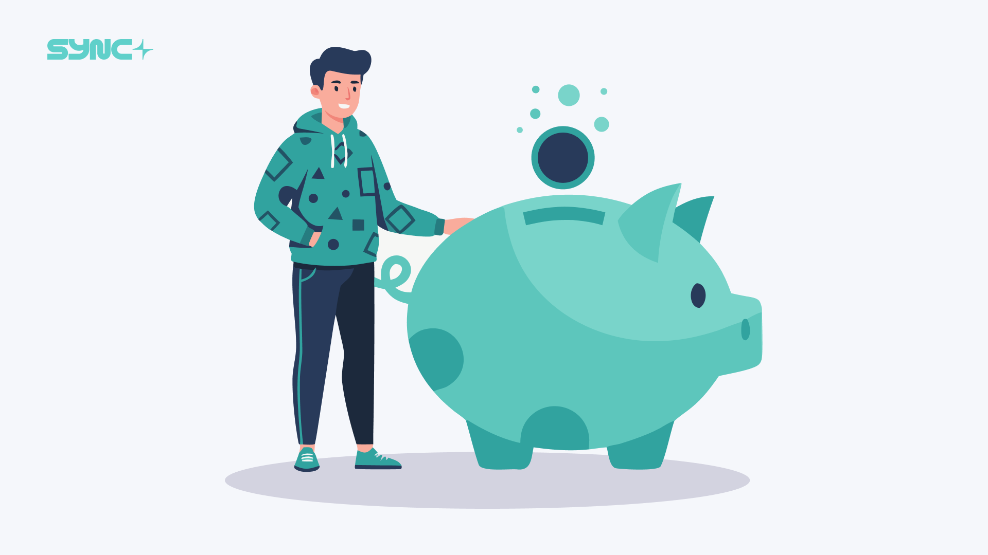 Young person next to a piggy bank with coins