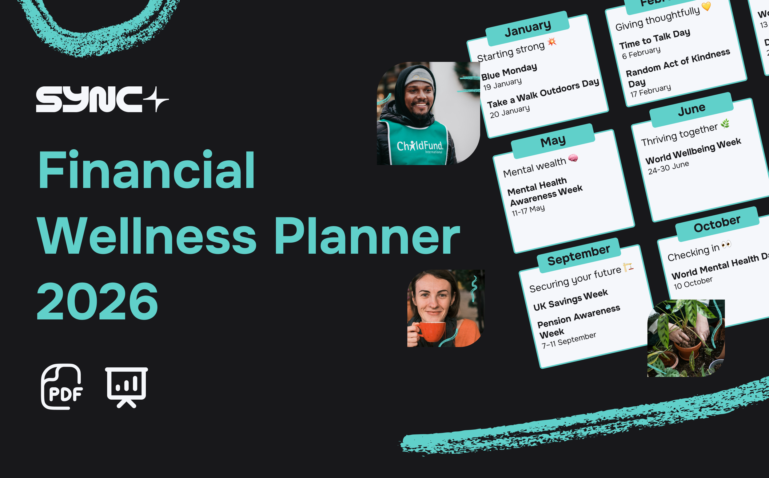 Cover page of the 2026 Financial Wellness Planner with a dark background, teal and white text, and images of diverse smiling people and calendar notes.