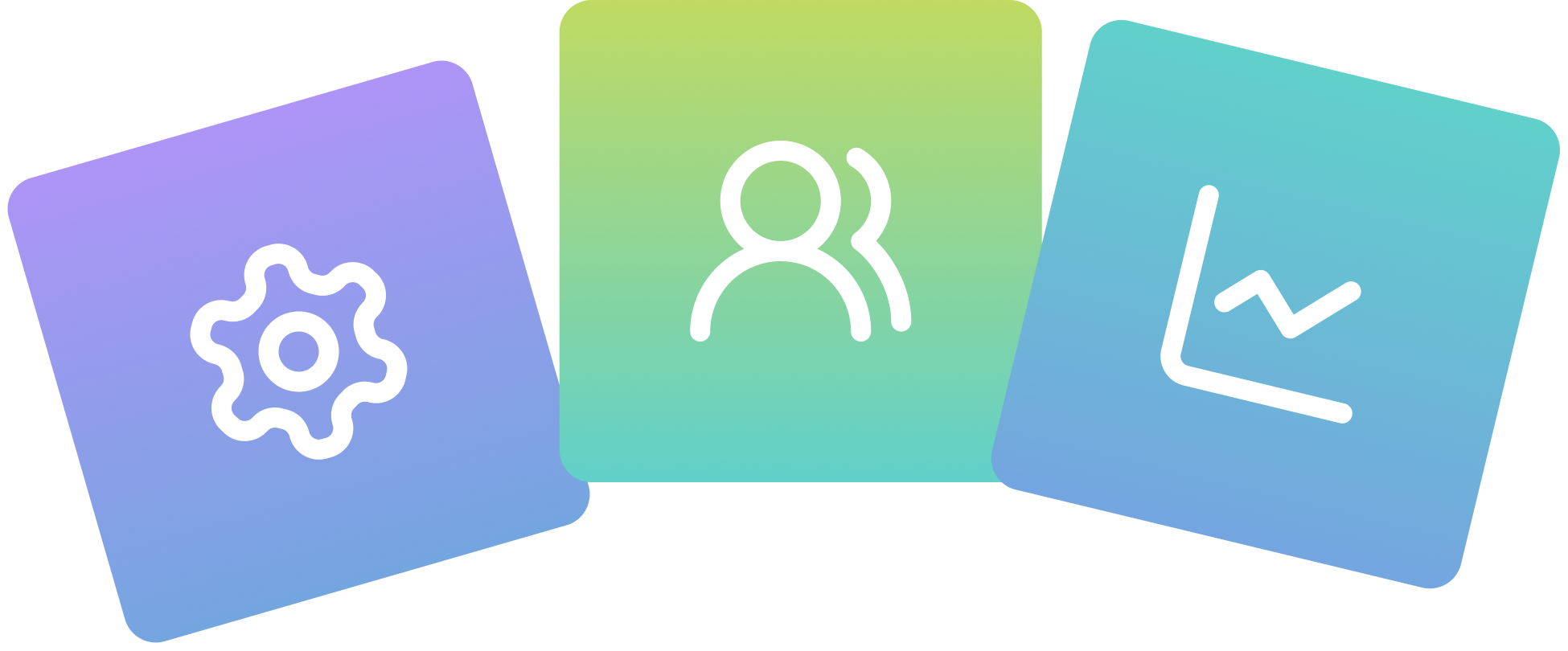 Digital illustration featuring three overlapping colorful cubes with icons: a gear, a person, and a line graph.