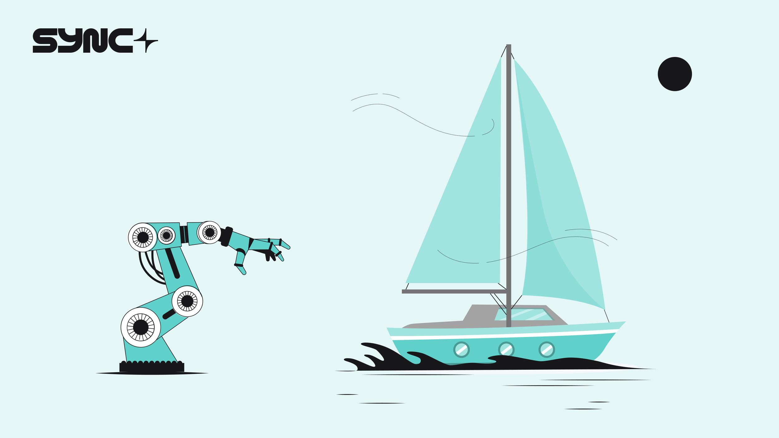 Abstract image of mechanical arm following a boat on the ocean