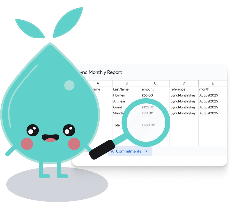 Sprout mascot happy expression holding a magnifying glass in front of a spreadsheet or report showing financial data and totals.
