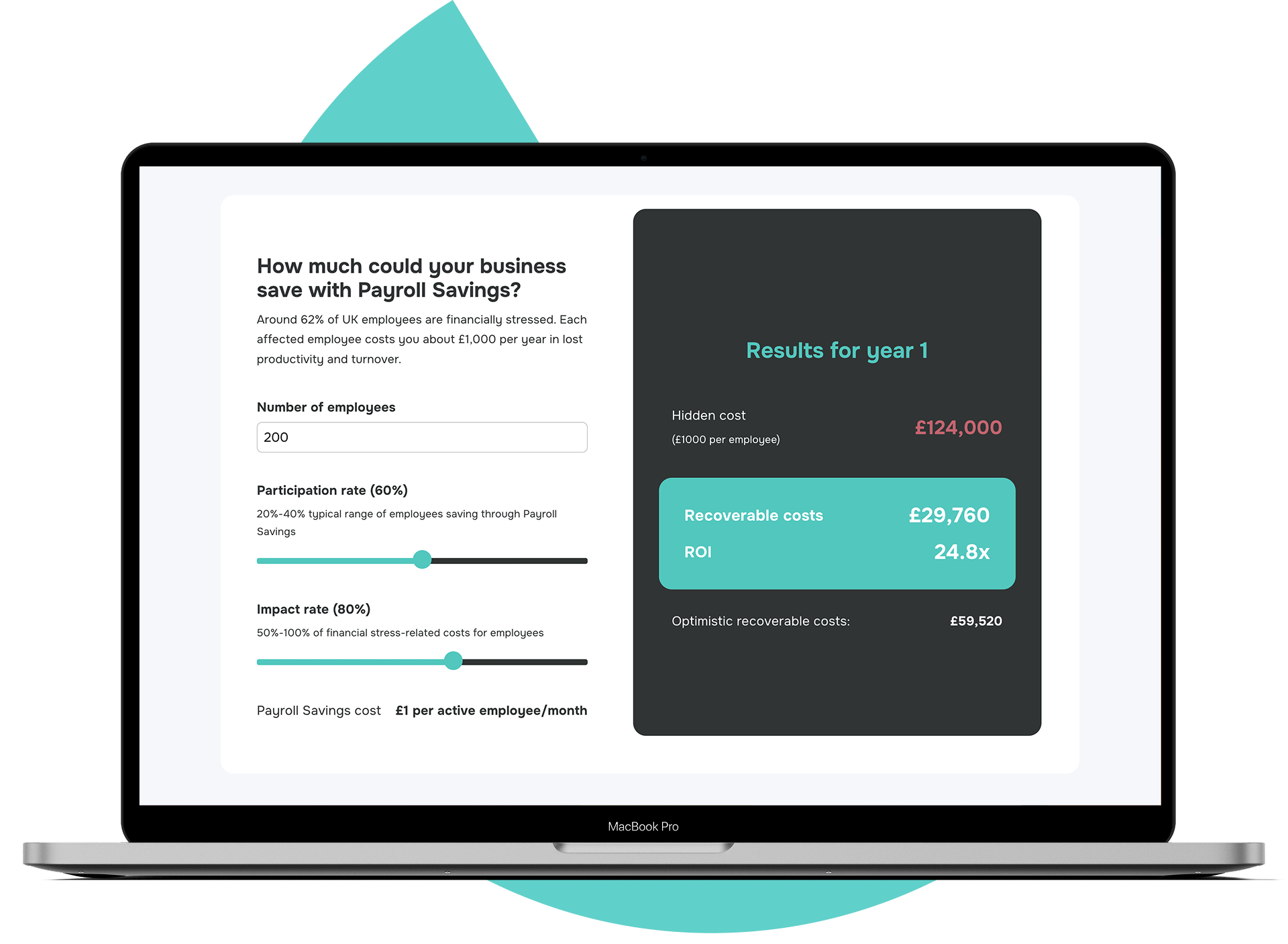 Laptop screen displaying a business report on payroll savings, including cost analysis, ROI, and savings calculations.