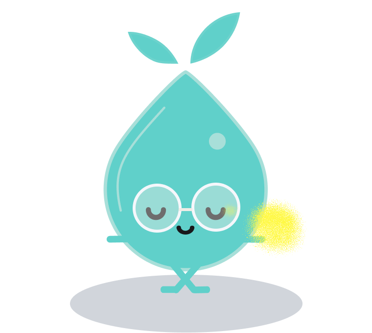 Sprout mascot with glasses, closed eyes, a smiling face, sitting cross-legged, with a small spark of yellowish light near its side, on a gray oval shadow.