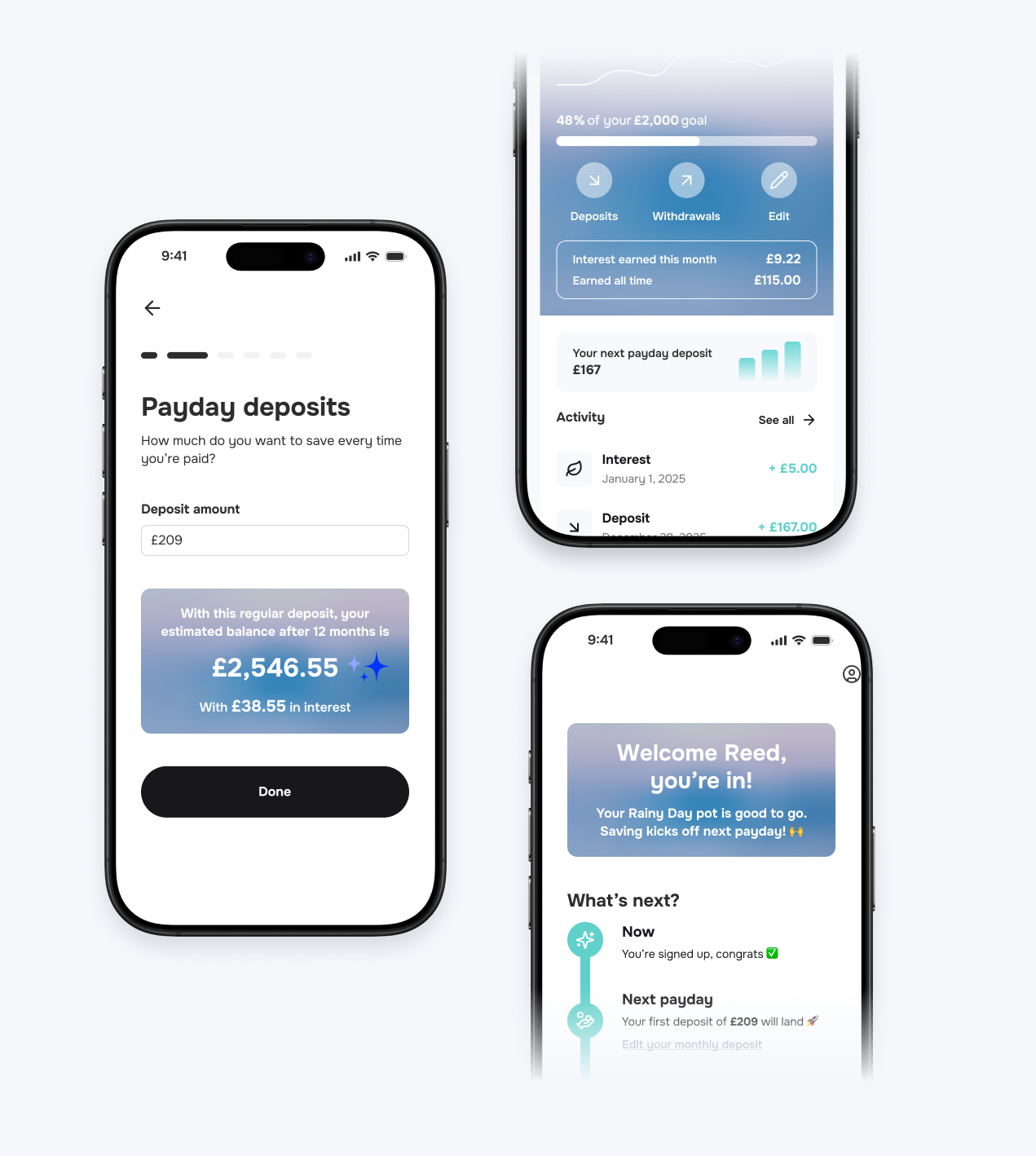 Three smartphone screens displaying the Sync app interface with features related to payday deposits, account balance, interest earned, upcoming deposits, and user greeting.