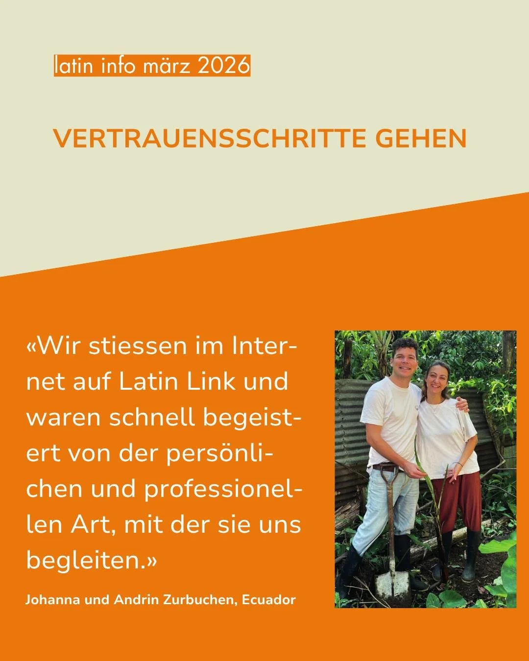 🇪🇨 ✈️ Kaum war der erste Hochzeitstag vorbei, starteten Johanna und Andrin Zurbuchen ihren zweij&auml;hrigen STRIDE-Einsatz in Ecuador. Welche Vertrauensschritte sie dabei gewagt haben, verraten sie im Interview der Latin Info (M&auml;rz 2026). 

?