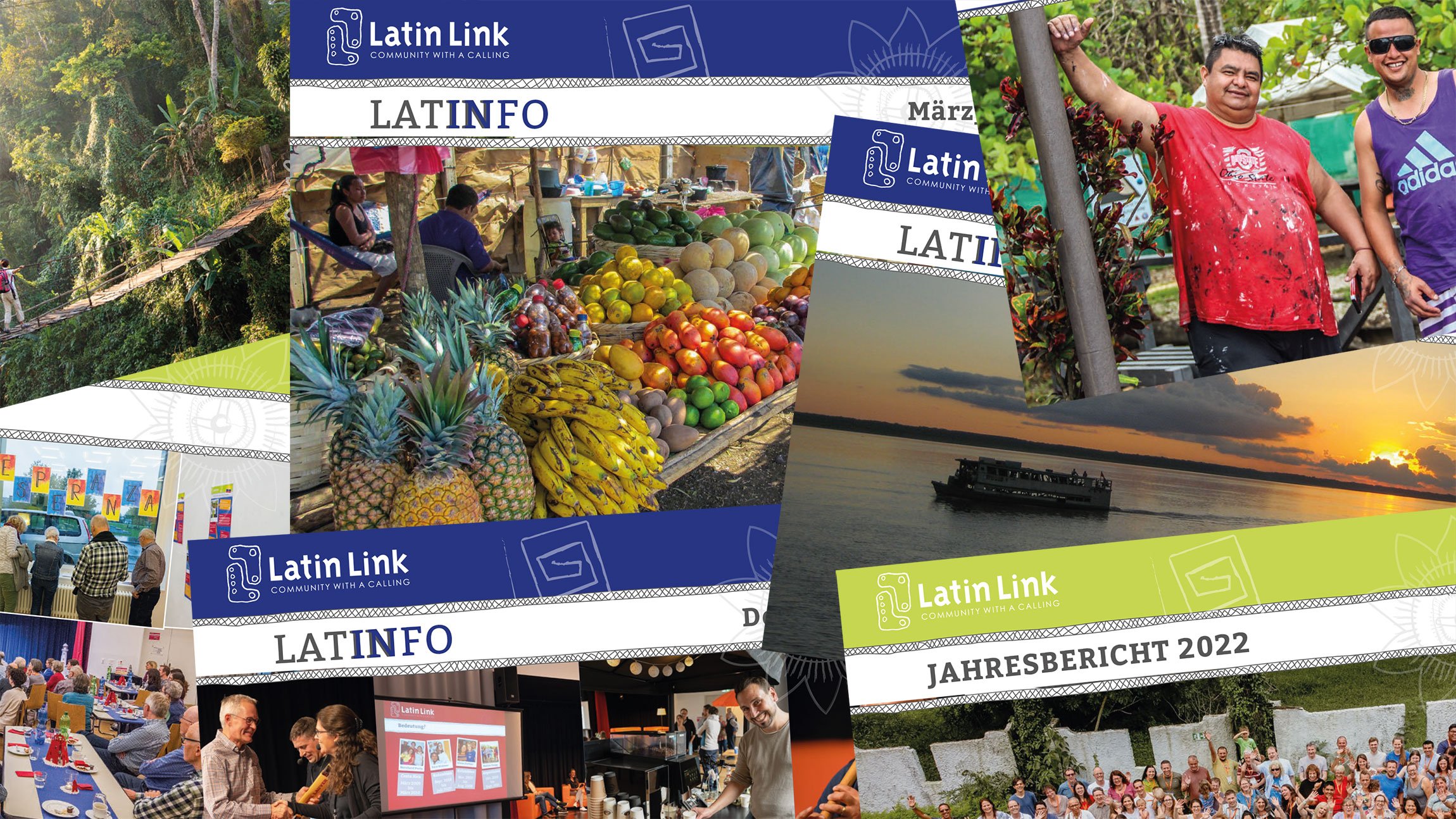 Zusammenschnitt verschiedener Coverbilder von Publikationen von Latin Link Schweiz – gibt einen Überblick über unsere Arbeit in Lateinamerika.