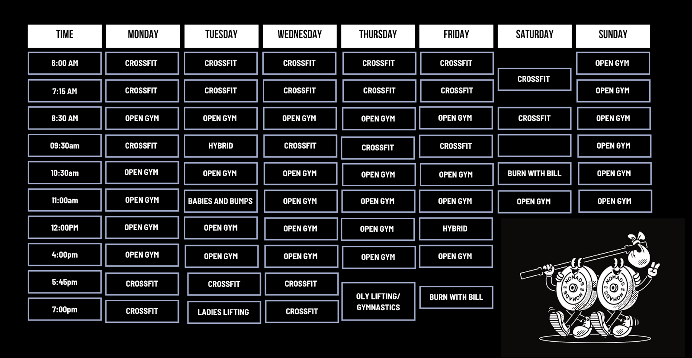 Weekly fitness class schedule with days of the week and times listed, featuring classes like CrossFit, open gym, hybrid, and ladies lifting, set against a black background with a small illustration of a cartoon weightlifter holding a barbell in the bottom right corner.