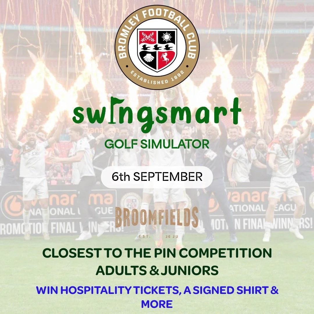 Bromley Fans are you ready?

Football meets golf this Saturday at Broomfields! 🏌️&zwj;♀️

Who's got what it takes to take top spot? Have you got 150 yards in your locker.... See you there!

Tee Off Times: 12pm - 5pm

#Beyondgolf