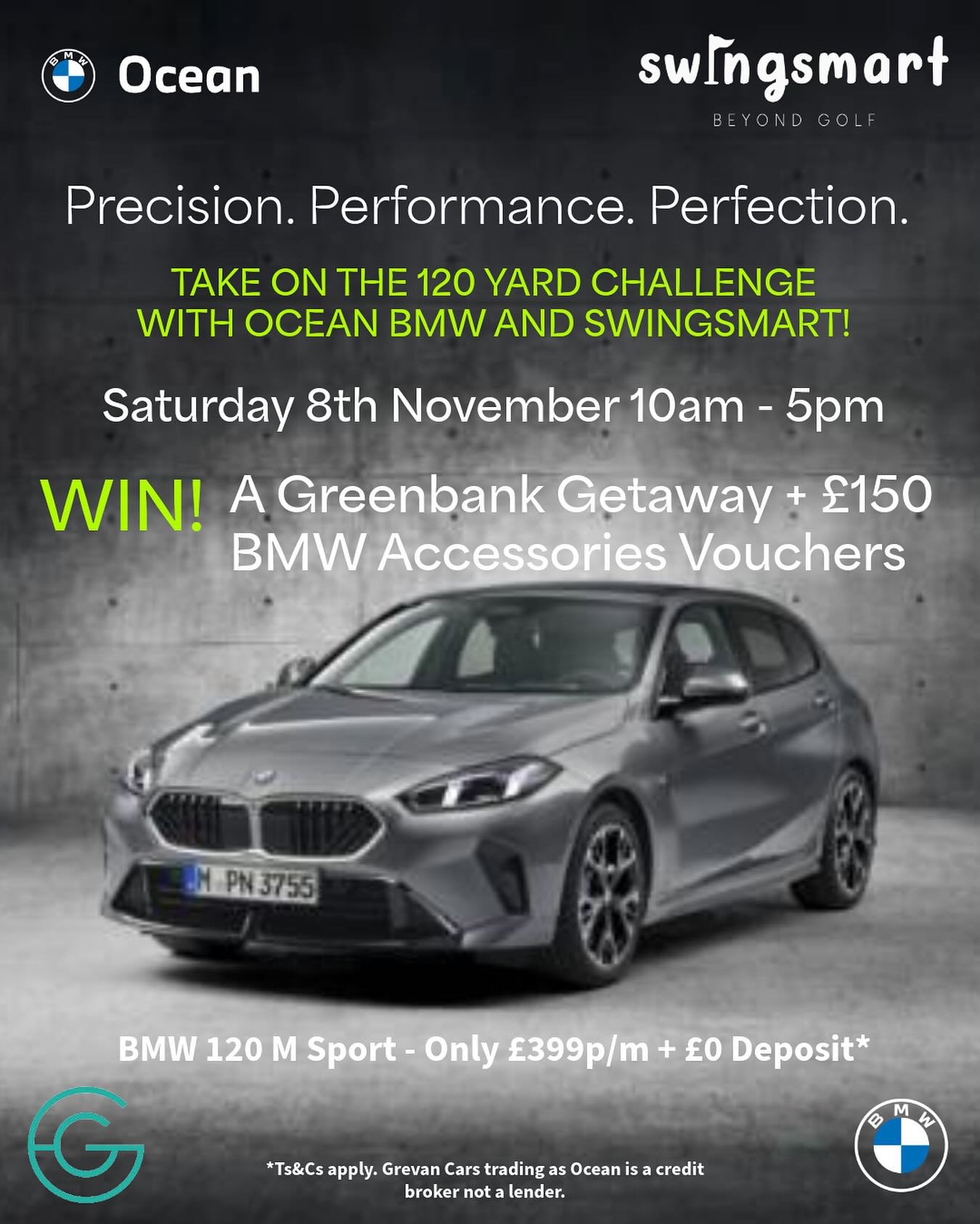Precision. Performance. PRIZES. 

Take on the 120 yard challenge in the Swingsmart golf simulator in the showroom&hellip; YES in the showroom and walk away with a luxury getaway @greenbankhotel and BMW accessories!

FT: BMW 120M Sport only &pound;399
