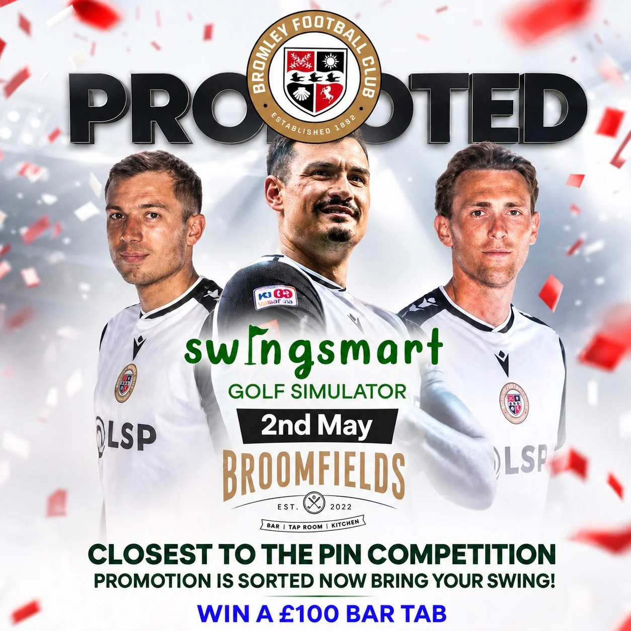 @bromleyfc players have done their part&hellip; Now it&rsquo;s your turn to perform. 

Closest to the pin.

&pound;100 bar tab on the line at Broomfields.

Think you&rsquo;ve got the swing? Prove it.

#Beyondgolf