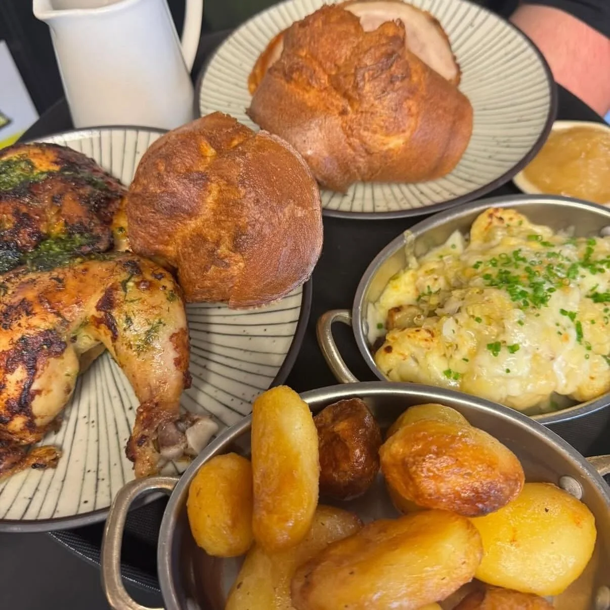 Available now to take away on Sundays:

Cauliflower &amp; cheddar gratin
Carrot &amp; Swede mash, buttered Peas, Spiced red Cabbage
Chicken fat Potatoes
Proper Gravy

Available on clic &amp; collect!