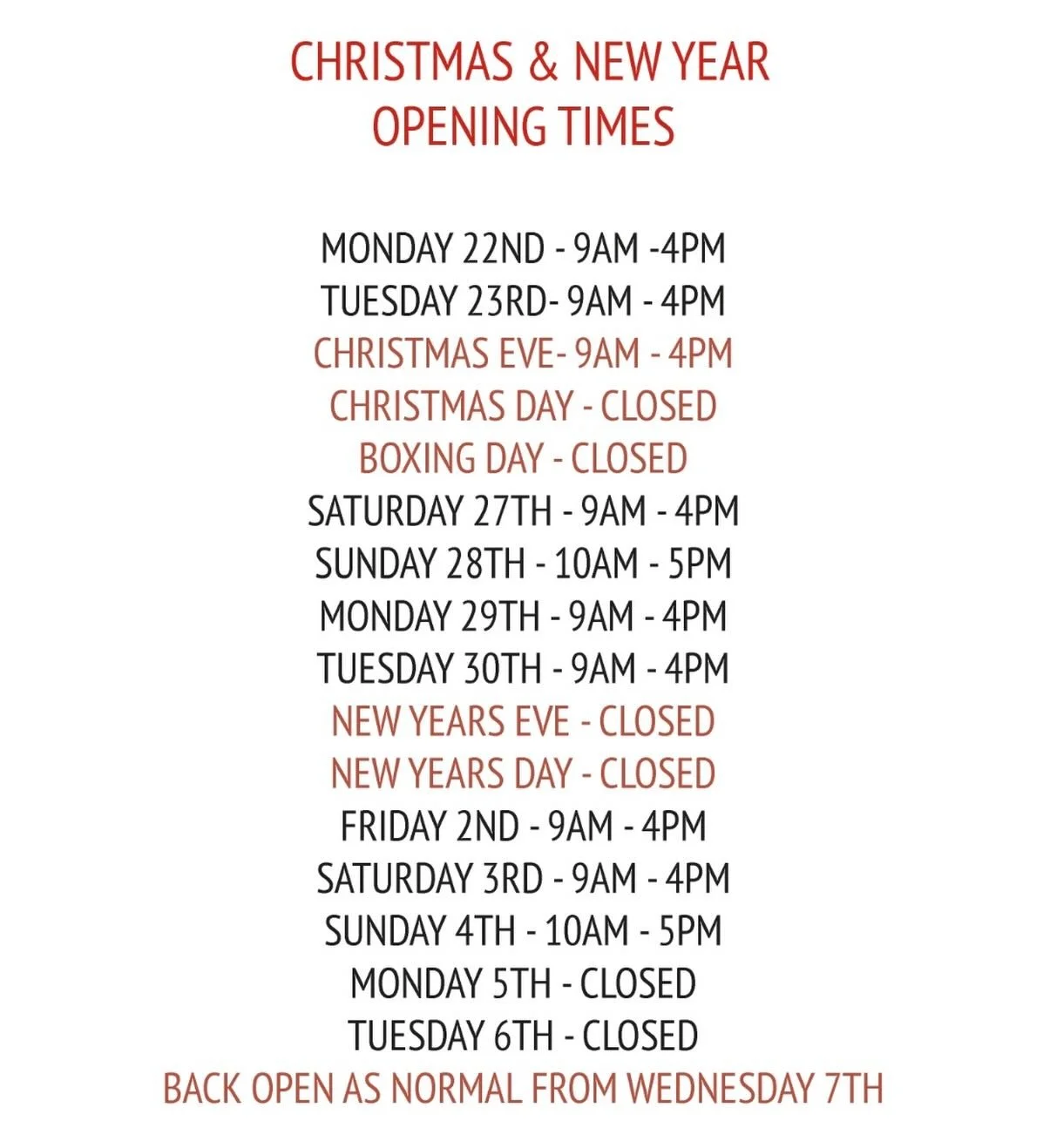 Just a little reminder on our opening hours for the next two weeks 🎄

Don&rsquo;t forget to book your table by giving us a call or using our booking system online 🗓️