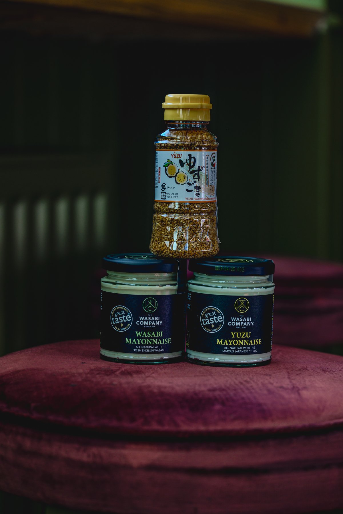 Yuzu seasoning bottle and two jars of mayonnaise on a purple chair