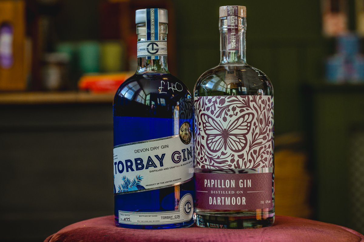 Two bottles of gin; one labeled "Torbay Gin" with a blue label, and the other labeled "Papillon Gin" with a butterfly design, placed side by side.