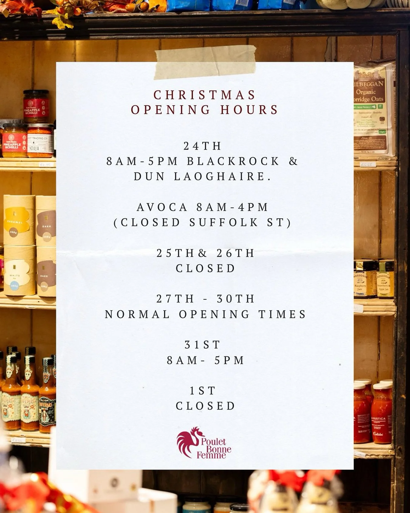 Christmas opening hours🎄✨

If you have a Festive Feast, turkey or ham ordered, this is your gentle reminder to double check your collection date and time so everything is ready and waiting for you when you pop in.

We will be roasting, carving and p