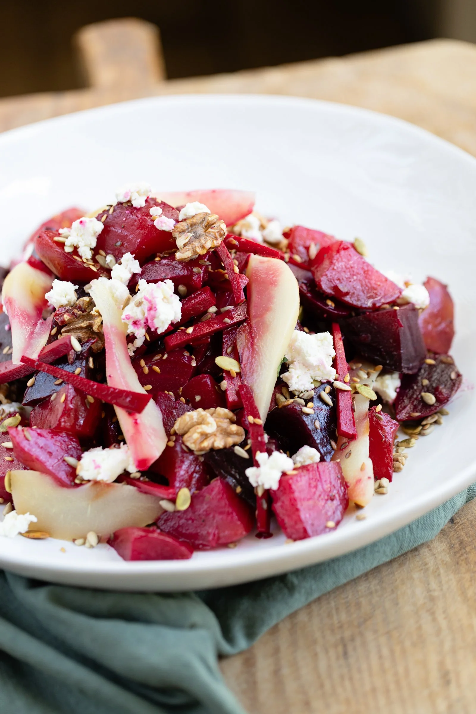 Beet Salad: Roasted and pickled beets meet goat’s cheese and poached pear in a balsamic dressing.