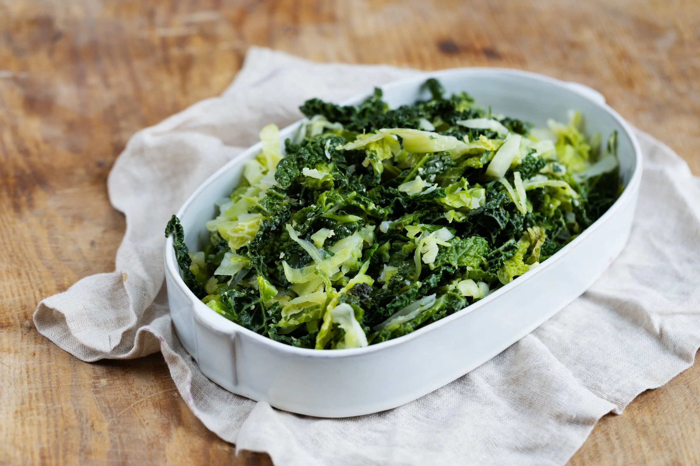 Buttered Cabbage: Tender cabbage lightly dressed with butter.