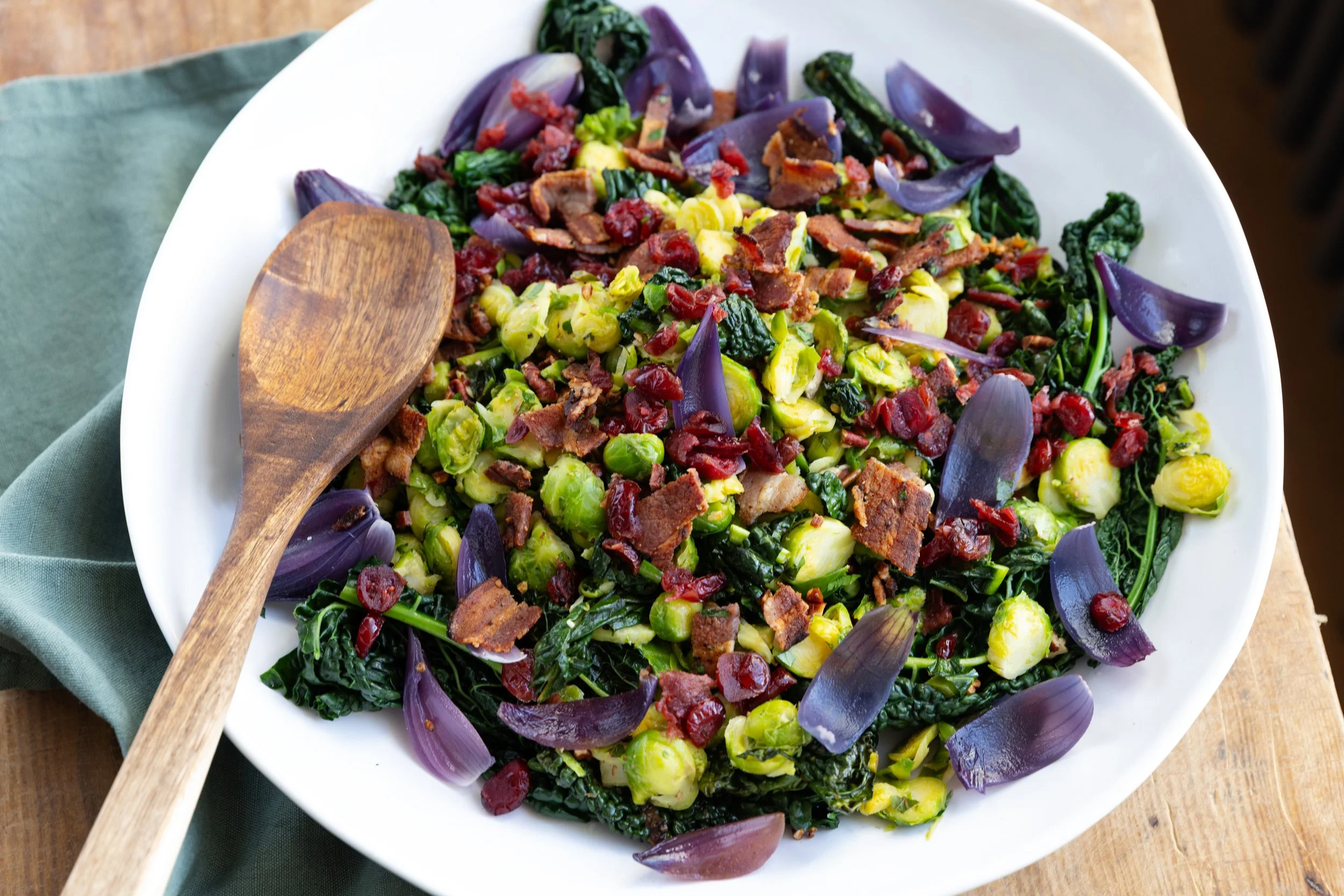 Sprout Salad: Roasted sprouts, crispy pancetta and wilted cavolo nero with nuts and a balsamic maple dressing.
