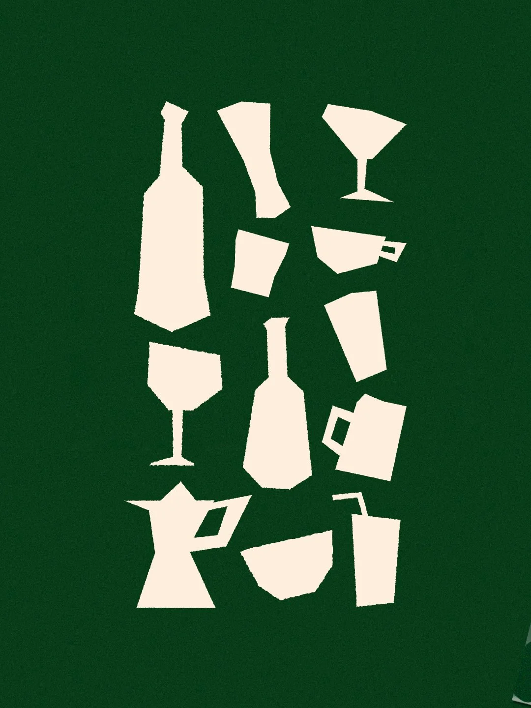 Illustration d'objets liés aux boissons et à la convivialité dans le bar Pépins à Nantes : bouteilles, verres, tasse et cafetière sur fond vert.