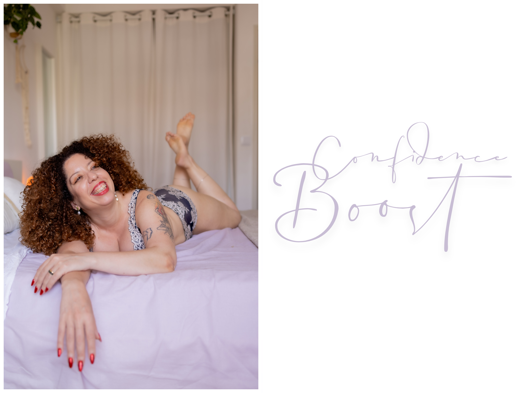 A woman with curly hair lying on a bed, smiling, wearing lingerie, with a tattoo on her arm and red nail polish. Text overlay that reads 'Confidence Boost' mini boudoir sessions offer