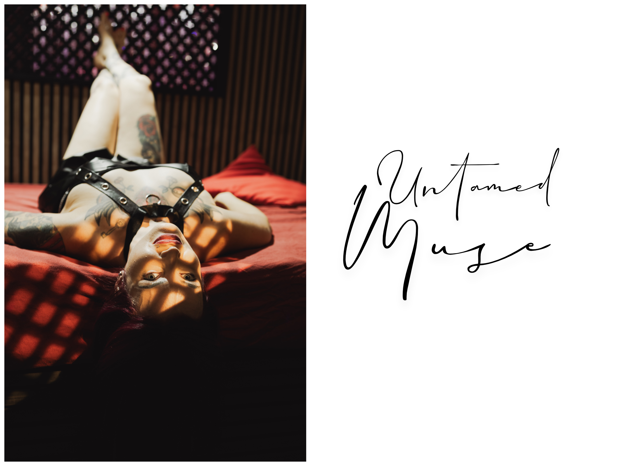 A person with tattoos lying on a bed, wearing a harness, with legs raised against a lattice-style wall, and a red pillow at the head of the bed, with text overlay that reads 'Untamed Muse' - the premium, bridal boudoir, wedding gift experience offer.