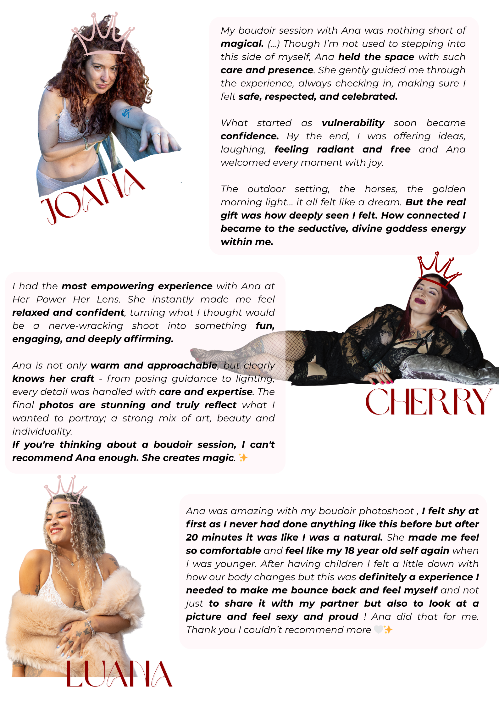 The image features text about testimonials of boudoir experience at her power her lens, and includes personal reflections and positive descriptions.