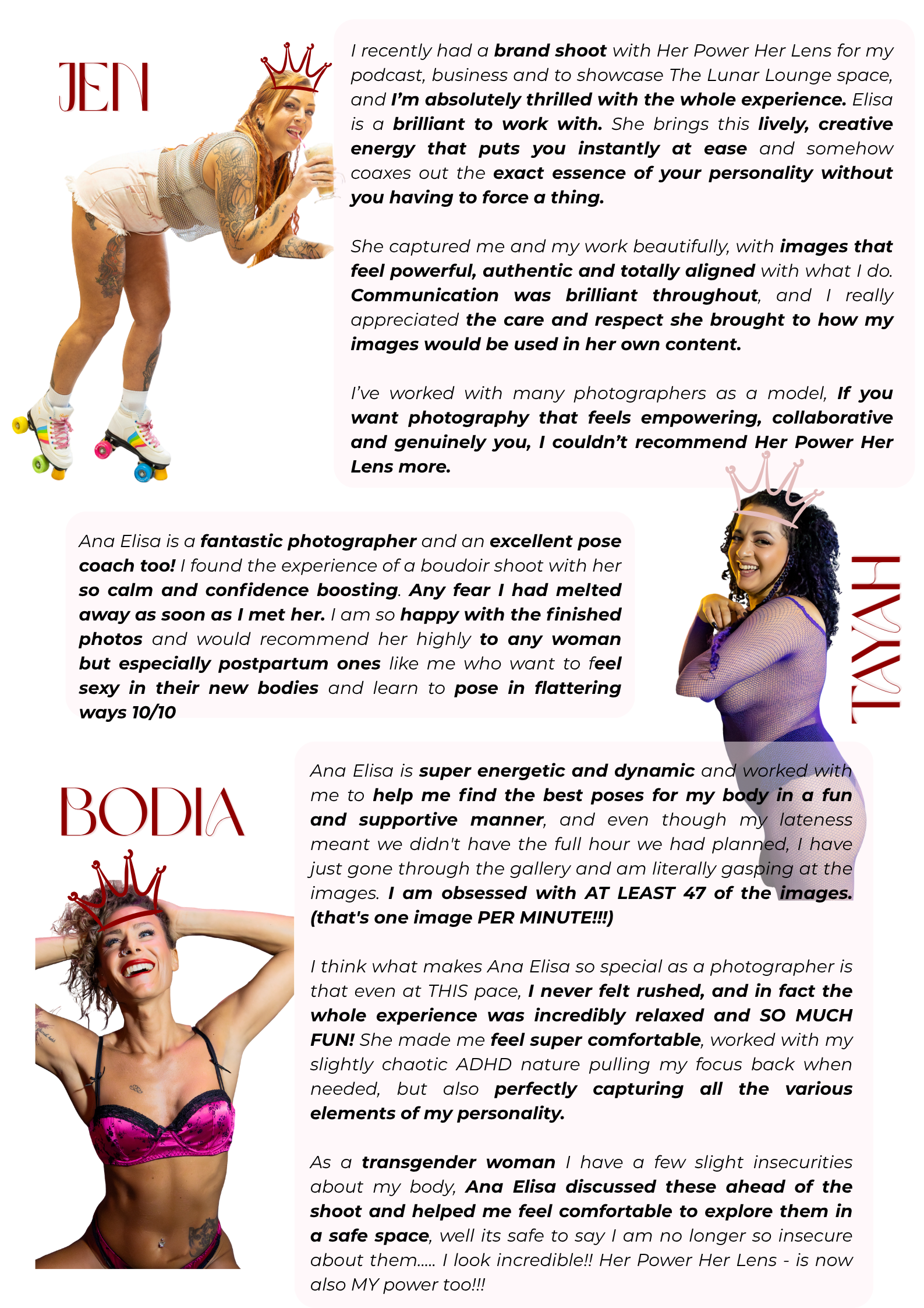 The image features text about testimonials of boudoir experience at her power her lens, and includes personal reflections and positive descriptions.