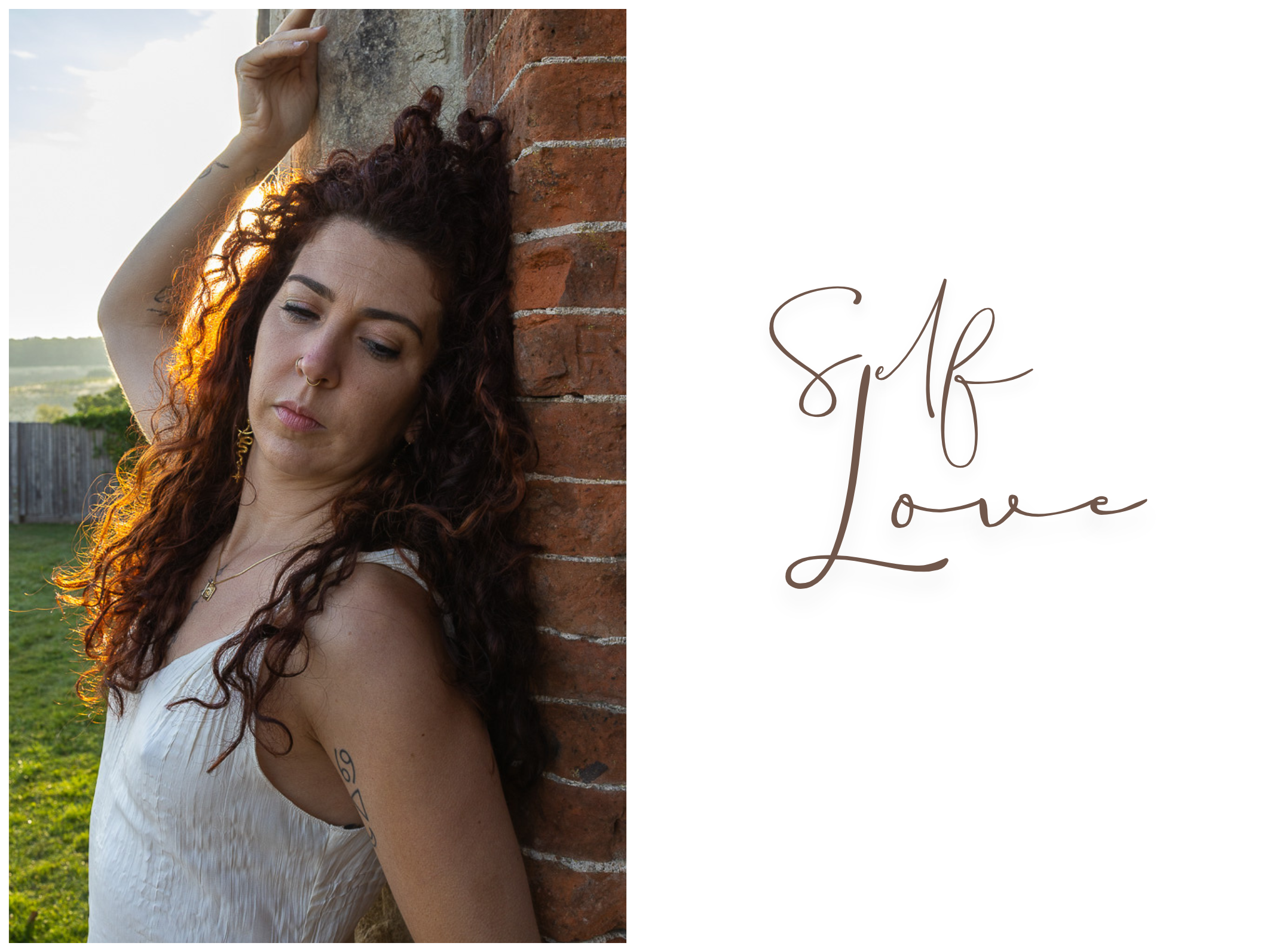 A young woman with curly red hair leaning against a brick wall outdoors during sunrise, wearing a white sleeveless top, with a tattoo on her arm and a nose ring, looking down. Text overlay that reads 'Self Love' classic boudoir experience offer