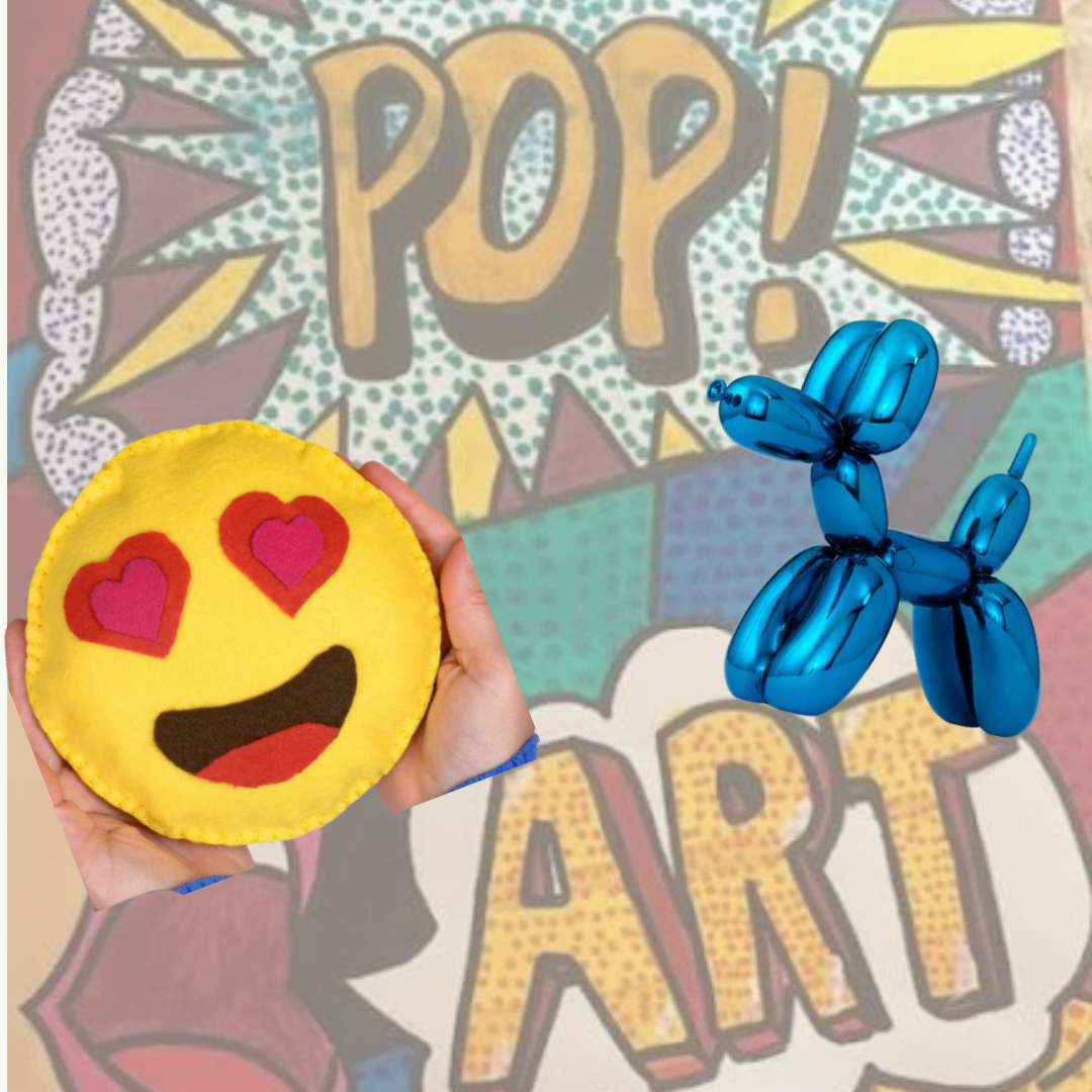 yellow emoji with red heart eyes and a blue balloon animal