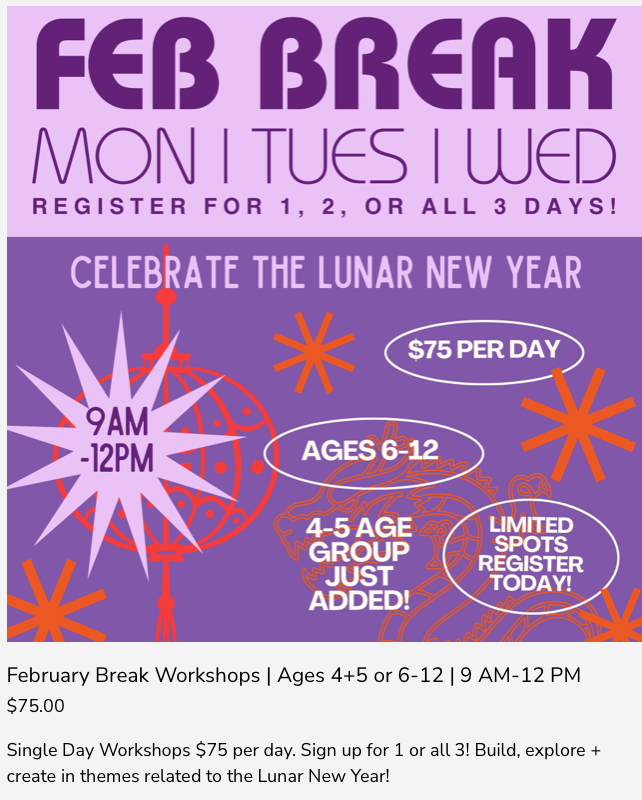 Feb Break Workshops | Ages 4+5 or 6-12 | 9 AM-12 PM