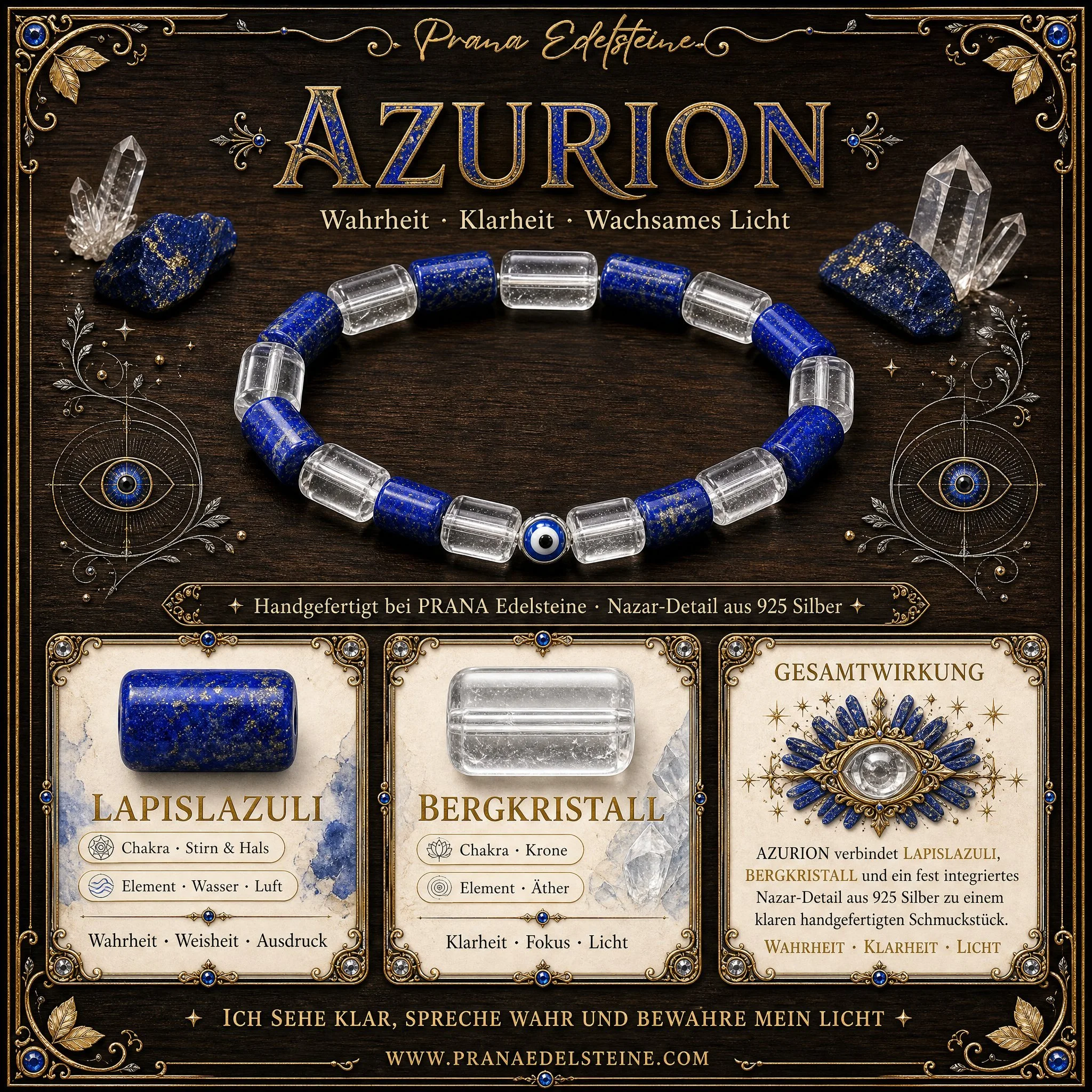 AZURION - Klarblick & Schutz – Lapislazuli trifft Bergkristall - PRANA Edelsteine – Handgefertigter Edelsteinschmuck