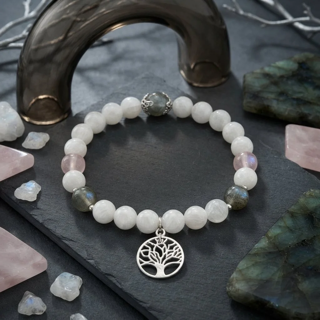 LUNAVERA - Baum des Lichts – Armband mit Mondstein, Labradorit & Rosenquarz (925 Silber) - PRANA Edelsteine – Handgefertigter Edelsteinschmuck
