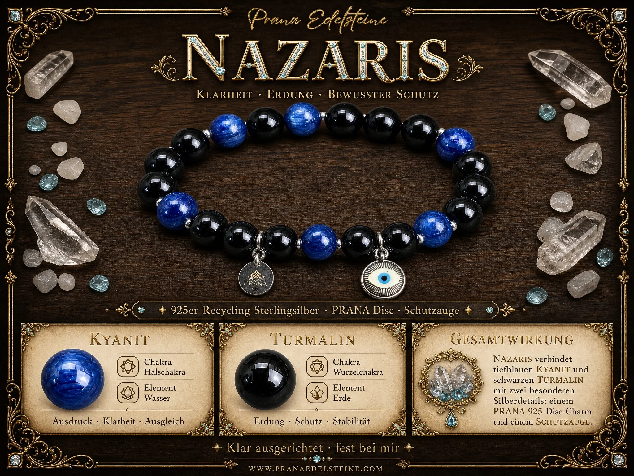 NAZARIS - „Intuition & Klarheit“ – Disthen (Kyanit) & Turmalin Armband mit 925er Silberauge-Symbol - PRANA Edelsteine – Handgefertigter Edelsteinschmuck