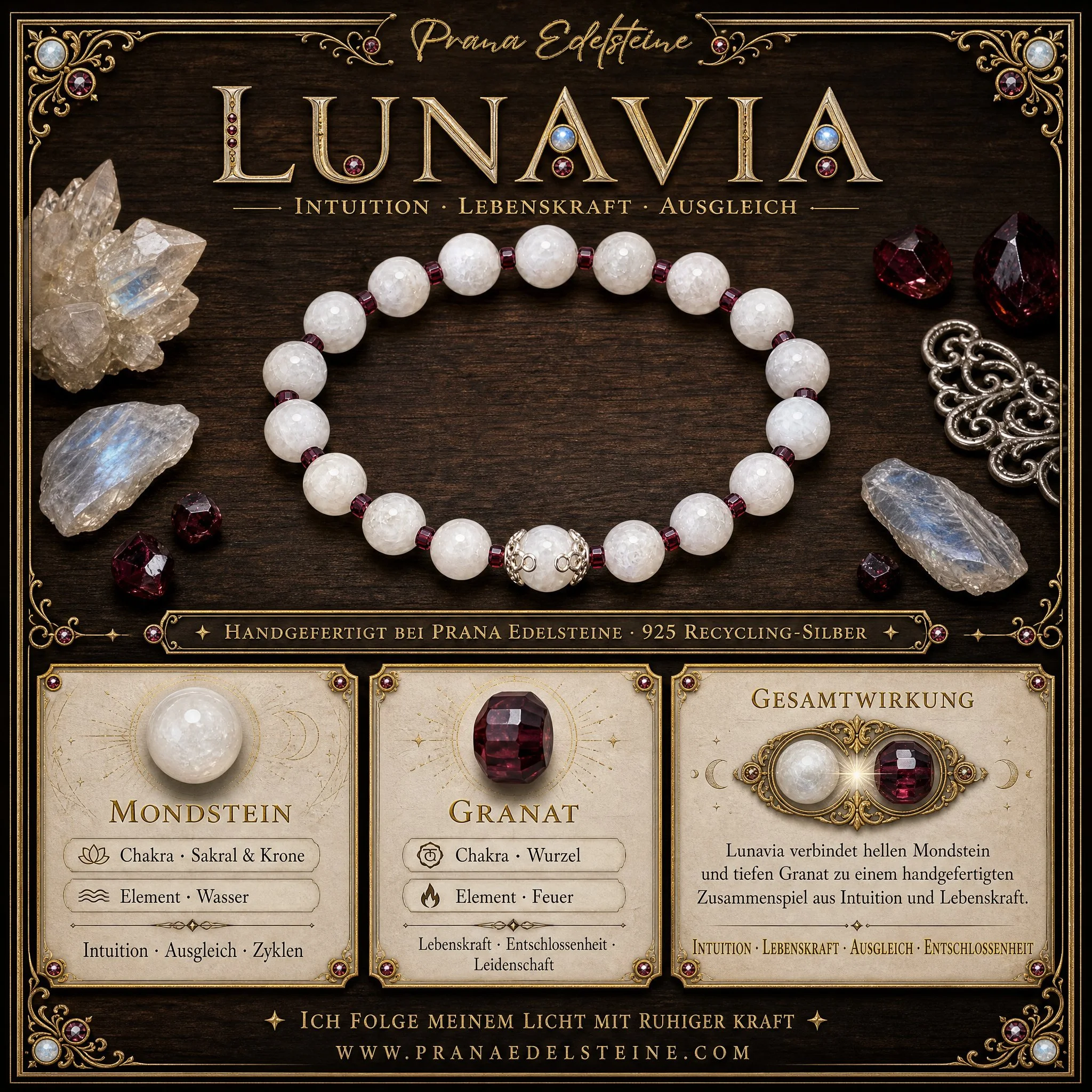 LUNAVIA - Kraft der weiblichen Mitte – Mondstein & Granat Armband mit 925 Silber - PRANA Edelsteine – Handgefertigter Edelsteinschmuck