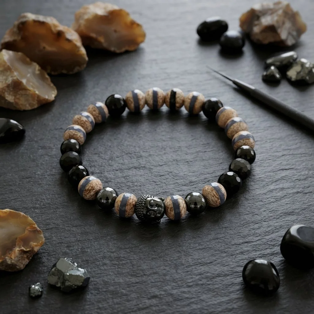 DHARMA · Dzi-Achat · Hämatit Buddha · Onyx graviert · 925 Silber - PRANA Edelsteine – Handgefertigter Edelsteinschmuck
