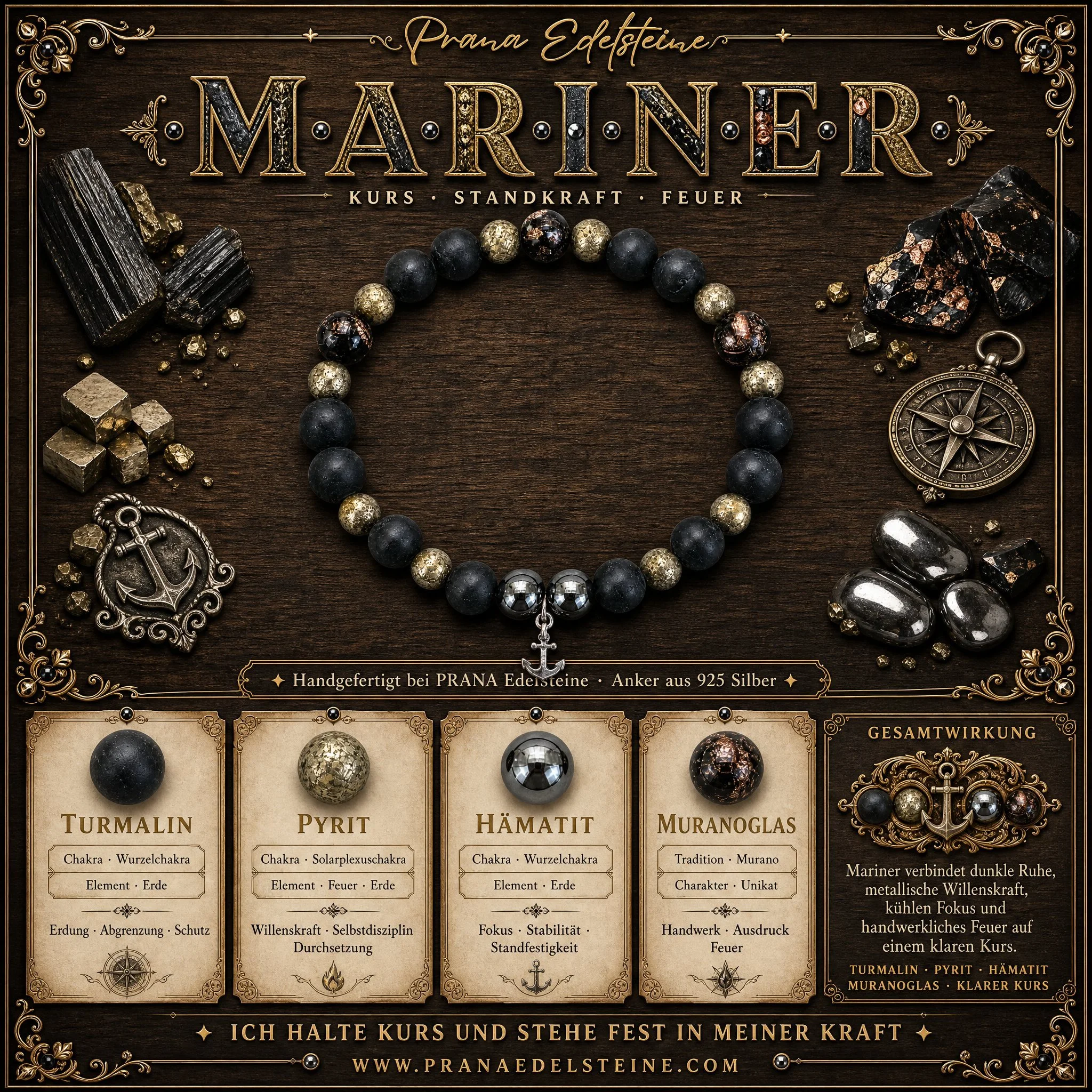 MARINER · Venezianische Nacht · Turmalin · Pyrit · Hämatit · Murano-Glas · 925 Silber - PRANA Edelsteine – Handgefertigter Edelsteinschmuck