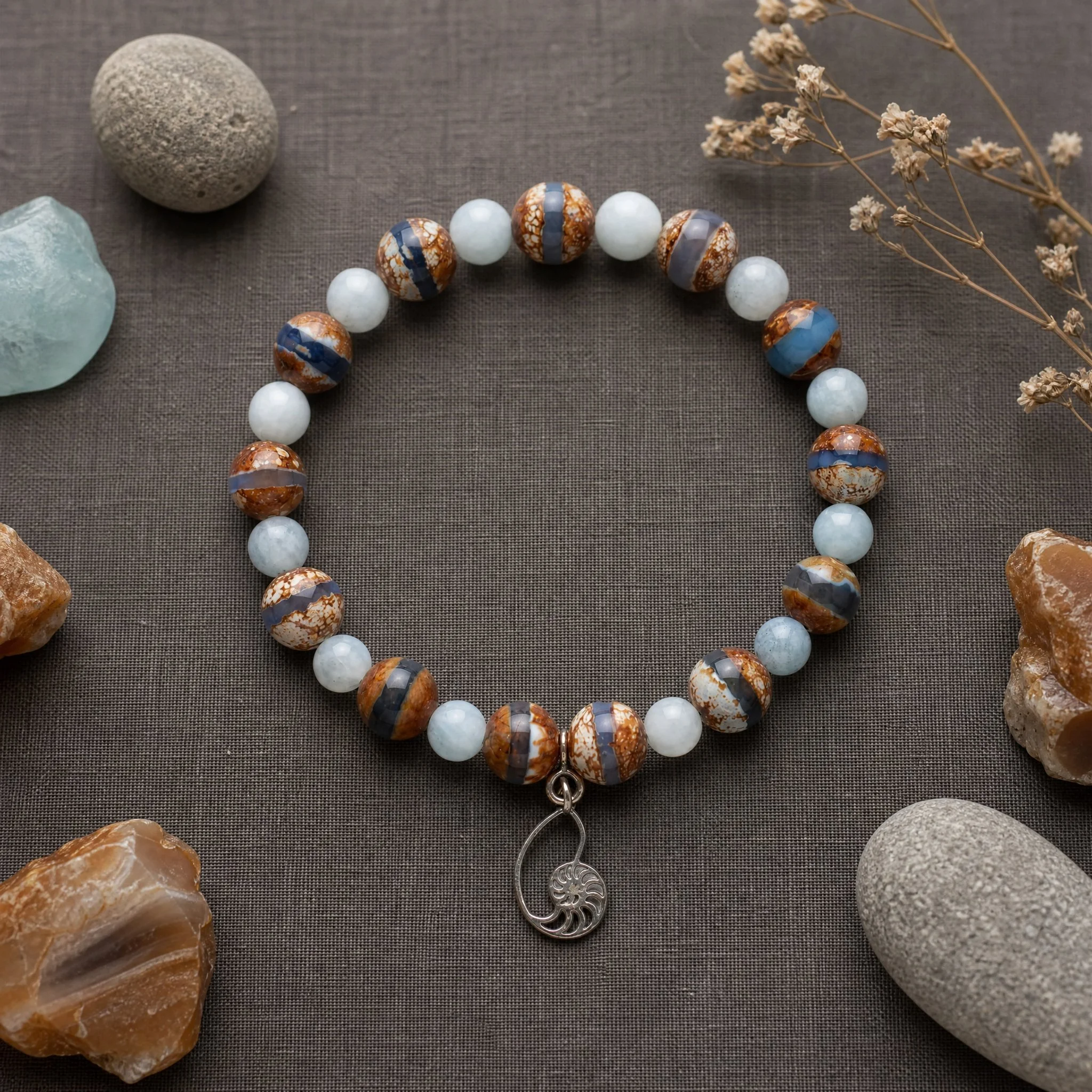 MAREA - Tibetisches Dzi Achat & Aquamarin Armband | Harmonie • Kommunikation • Schutz