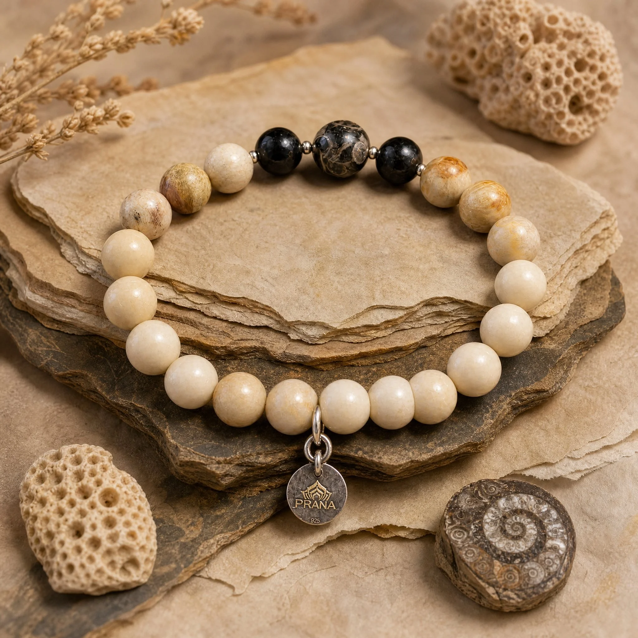 TERRAVA - "Wurzeln der Erde" | Schutz & Stabilität | Versteinertes Holz, Gagat, Turitella Achat, Fossilkoralle | 925 Silber - PRANA Edelsteine – Handgefertigter Edelsteinschmuck