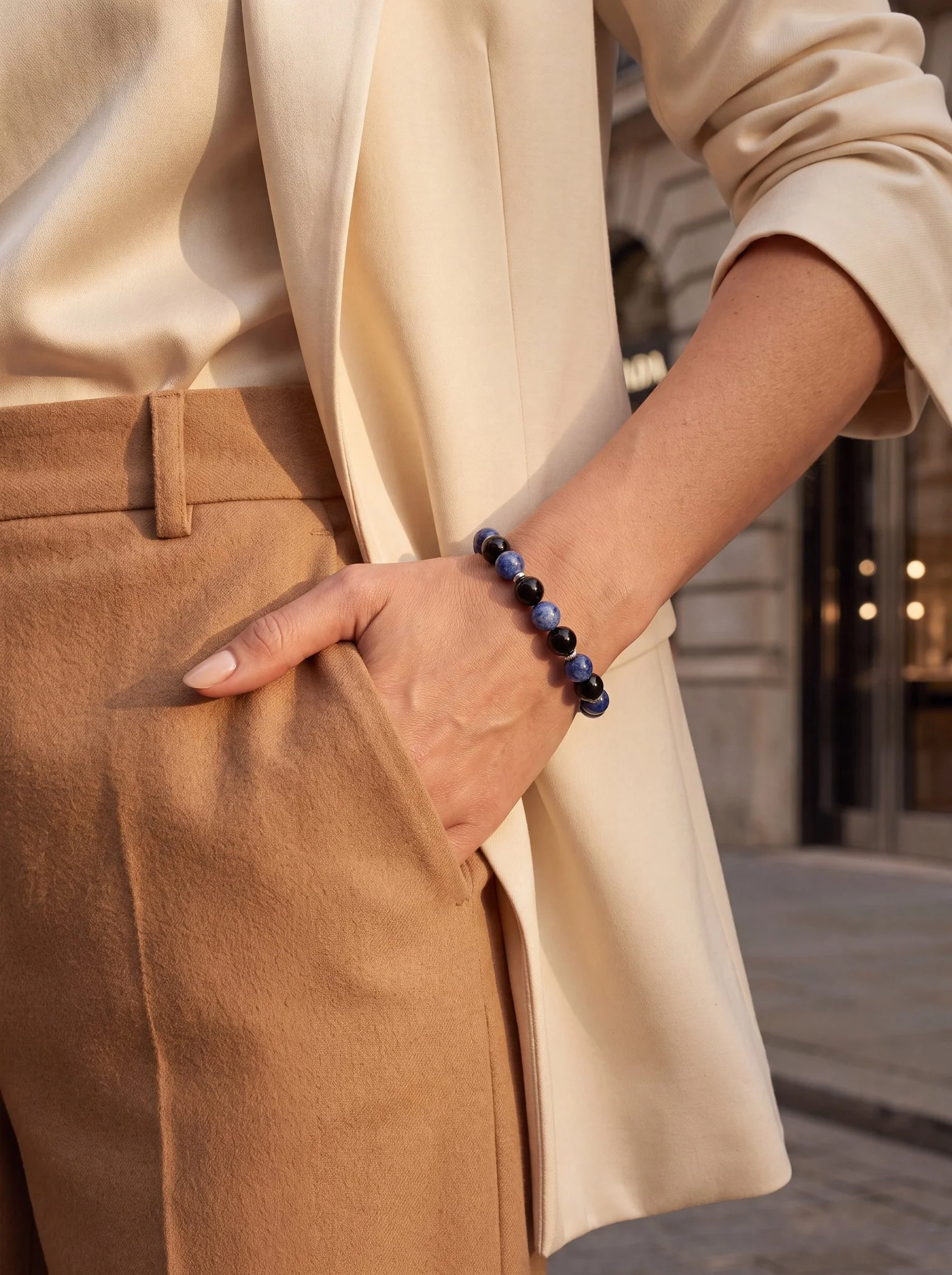 NAZARIS - „Intuition & Klarheit“ – Disthen (Kyanit) & Turmalin Armband mit 925er Silberauge-Symbol - PRANA Edelsteine – Handgefertigter Edelsteinschmuck